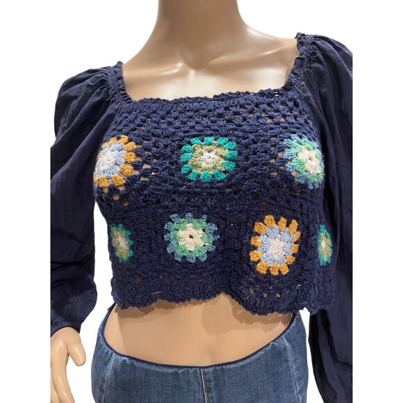 AERIE Crochet Granny Square Crop Top Floral Puff Sleeve BOHO Blue Sz XS - Picture 6 of 7